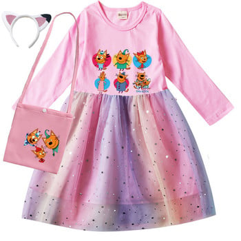 Φθινοπωρινό φόρεμα για κορίτσια για παιδιά και γάτες Παιδικό ρώσικο Три кота Η οικογένειά μου Three Happy Cats ρούχα για παιδιά Casual μακριά μανίκια φορέματα και τσάντα