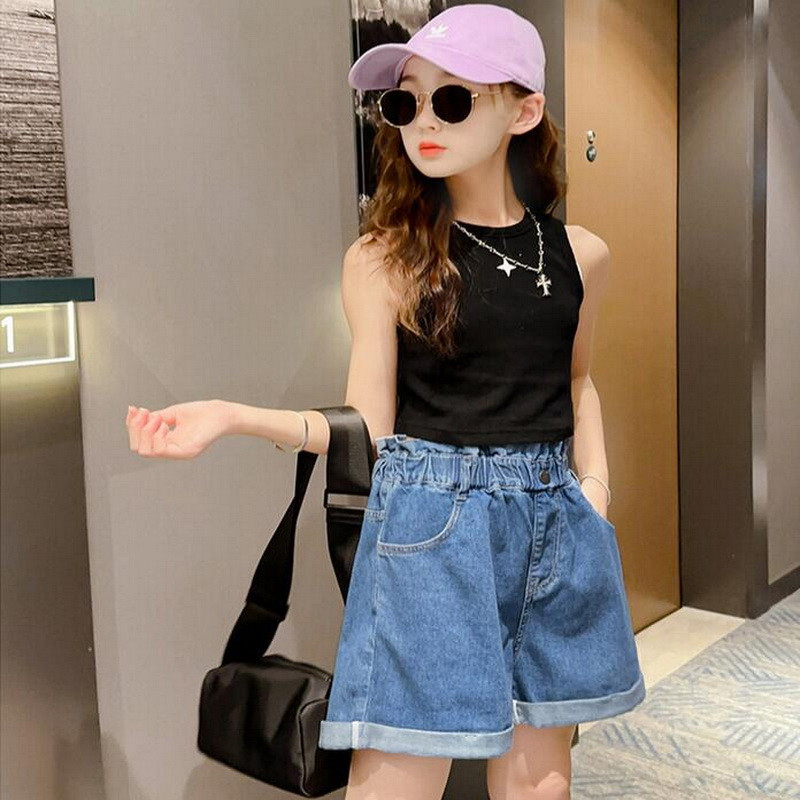 Pusaudžu meiteņu džinsa šorti Jauni vasaras apģērbi Jaunumi Bērnu Augsts viduklis Modes Šorti 5 7 9 11 12 13 14 gadus veci