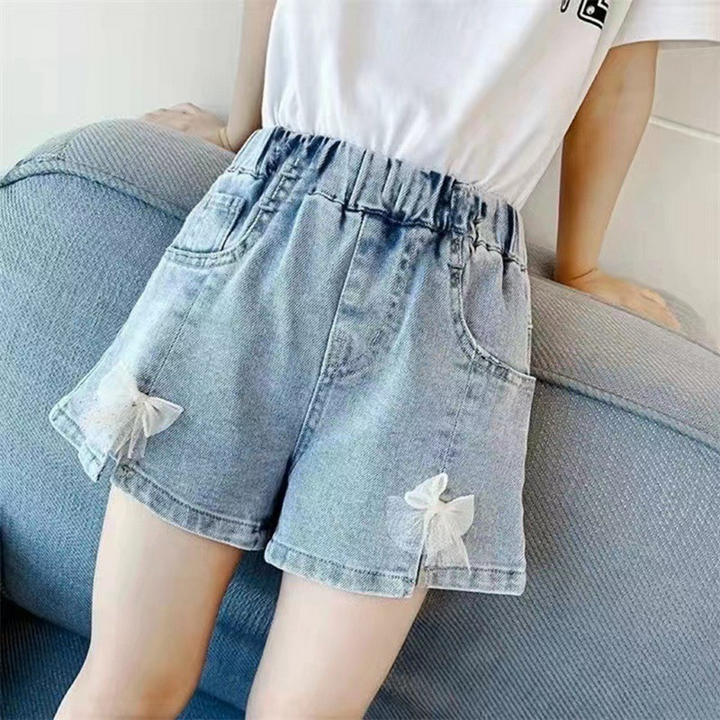 Lányok farmer rövidnadrág Új stílusú, egyszínű Gyermek magas derekú, nagy farmernadrág Lányok széles, meleg nadrág vékony