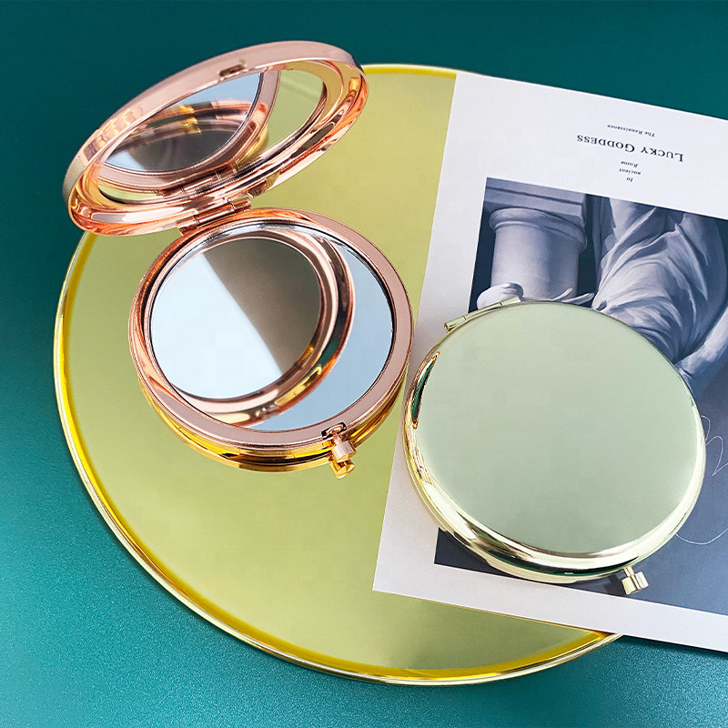 Pārnēsājami divpusēji metāla kosmētikas spoguļi, kompakti rozā zelta/sudraba/zelta krāsas salokāmi 1X 2X palielināmi kosmētikas kabatas spoguļi