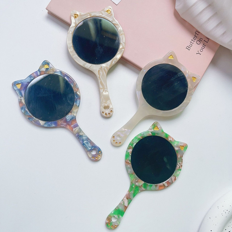 Korejas kaķa formas retro etiķskābes plāksnes spogulis pārnēsājams mazs apaļš spogulis ikdienas kosmētikas spogulis kompakts rokas spa salons