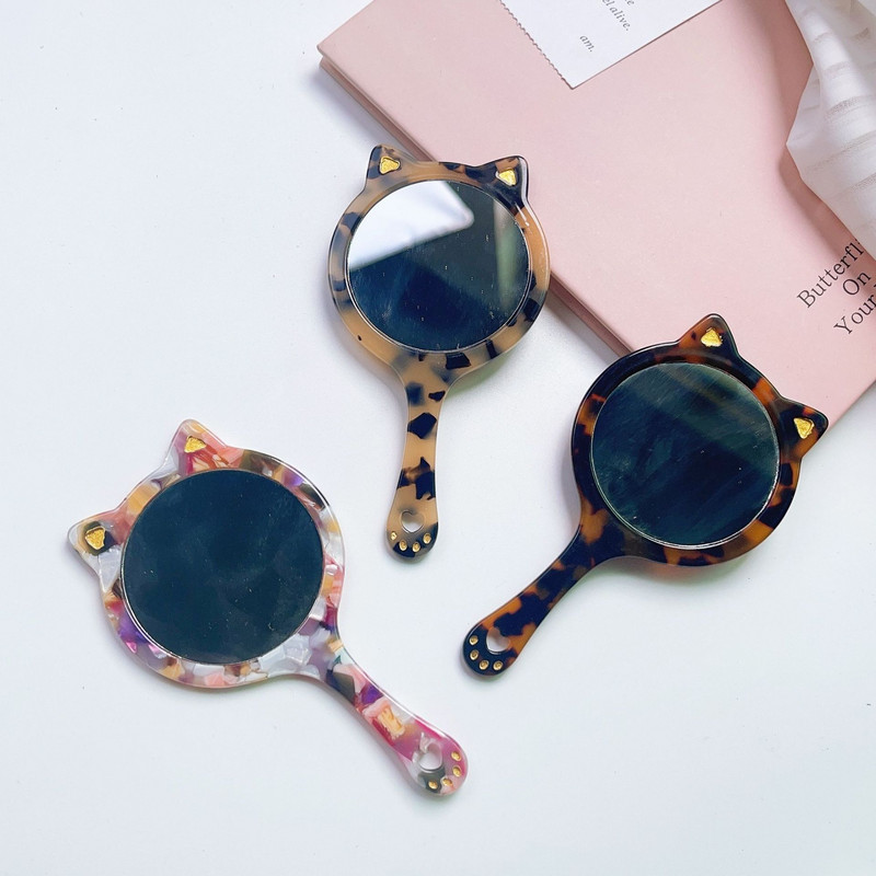 Korejas kaķa formas retro etiķskābes plāksnes spogulis pārnēsājams mazs apaļš spogulis ikdienas kosmētikas spogulis kompakts rokas spa salons