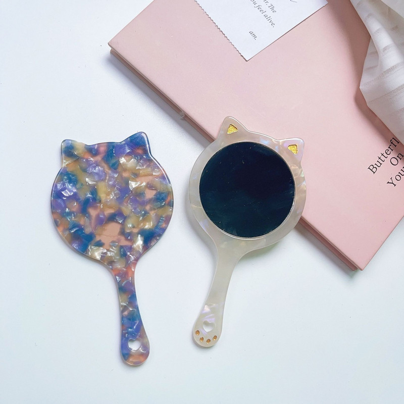 Korejas kaķa formas retro etiķskābes plāksnes spogulis pārnēsājams mazs apaļš spogulis ikdienas kosmētikas spogulis kompakts rokas spa salons