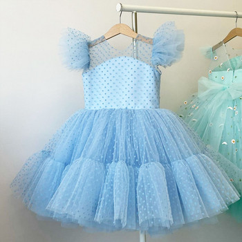 4-10T рокля на принцеса за момиче, детска рокля с къс ръкав на точки, рожден ден, рокля от тюл, вечерен парти костюм, бебешки сини ежедневни дрехи