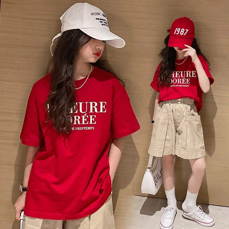 Lányok rövid ujjú póló Tiszta pamut nyári közepes méretű gyerekeknek Brother Letter divat bő fél ujjú felső