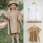 Ljeto 2024. Novo u ponudi Slatka dječja odjeća Pamučna lanena haljina za djevojčice, jednobojna, kratkih rukava, s O-izrezom, dječja suknja