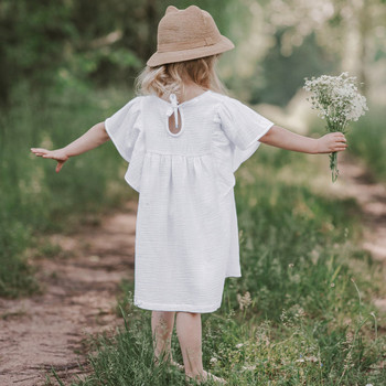 Καλοκαίρι 2024 Νέες παραλαβές Χαριτωμένα παιδικά ρούχα για κοριτσάκια Βαμβακερό λινό φόρεμα μονόχρωμο κοντό μανίκι O-neck Παιδική φούστα