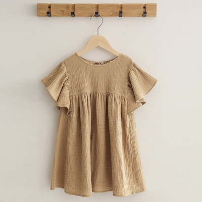 Ljeto 2024. Novo u ponudi Slatka dječja odjeća Pamučna lanena haljina za djevojčice, jednobojna, kratkih rukava, s O-izrezom, dječja suknja