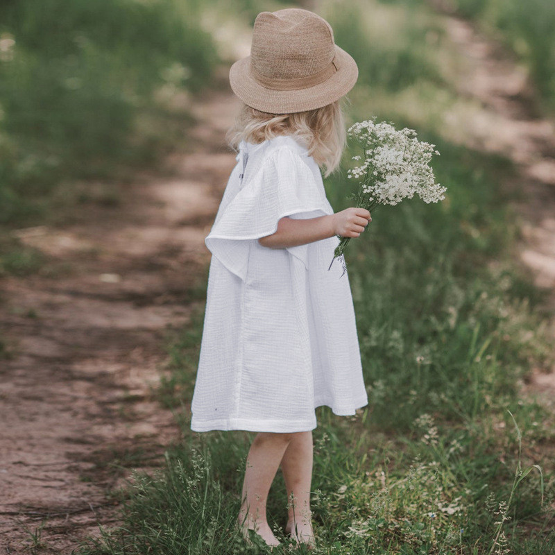Ljeto 2024. Novo u ponudi Slatka dječja odjeća Pamučna lanena haljina za djevojčice, jednobojna, kratkih rukava, s O-izrezom, dječja suknja