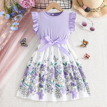 Рокля за момичета с пеперуда 2024 Лятна мода на цветя Детски флорални принцеси Бебешки момиченца Летящи ръкави за малки деца Сладки парти рокли