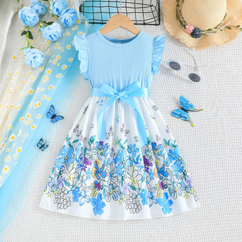 Рокля за момичета с пеперуда 2024 Лятна мода на цветя Детски флорални принцеси Бебешки момиченца Летящи ръкави за малки деца Сладки парти рокли