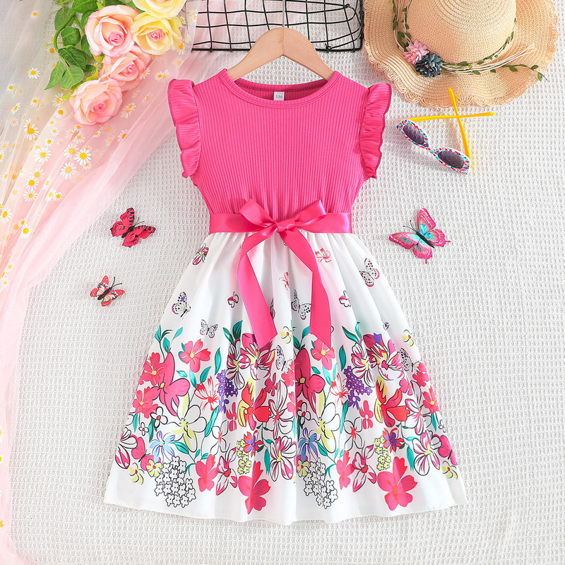 Meiteņu kleita tauriņš 2024. gada vasaras ziedu modes bērnu ziedu princeses, mazuļu meitenes, maziem bērniem lidojošas piedurknes, jaukas ballīšu kleitas