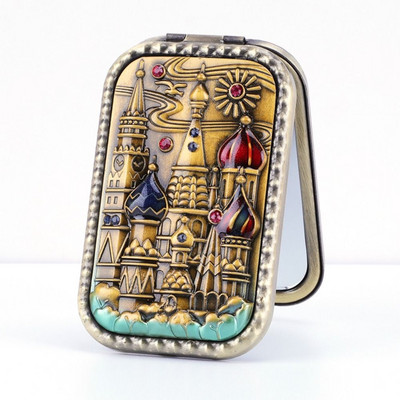 Eiropas retro metāla retro pārnēsājams mazs spoguļkabatas salokāms divpusējs kosmētikas spogulis Taisnstūra spogulis pārģērbšanās spogulis