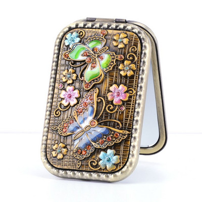 Eiropas retro metāla retro pārnēsājams mazs spoguļkabatas salokāms divpusējs kosmētikas spogulis Taisnstūra spogulis pārģērbšanās spogulis