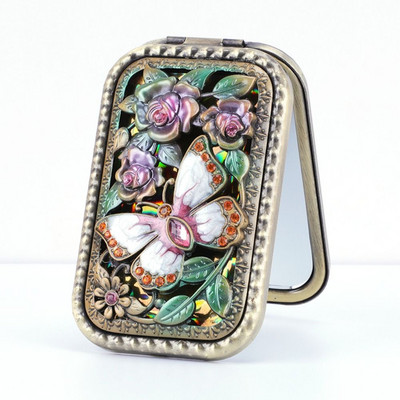 Eiropas retro metāla retro pārnēsājams mazs spoguļkabatas salokāms divpusējs kosmētikas spogulis Taisnstūra spogulis pārģērbšanās spogulis