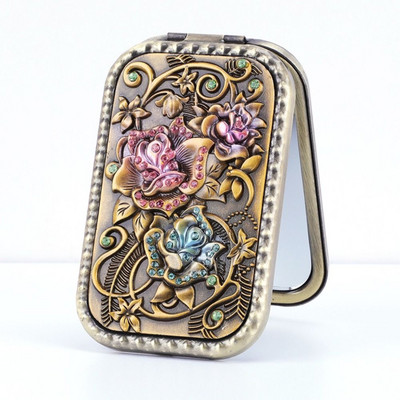 Eiropas retro metāla retro pārnēsājams mazs spoguļkabatas salokāms divpusējs kosmētikas spogulis Taisnstūra spogulis pārģērbšanās spogulis