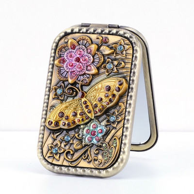 Eiropas retro metāla retro pārnēsājams mazs spoguļkabatas salokāms divpusējs kosmētikas spogulis Taisnstūra spogulis pārģērbšanās spogulis