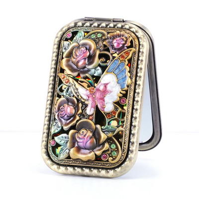 Eiropas retro metāla retro pārnēsājams mazs spoguļkabatas salokāms divpusējs kosmētikas spogulis Taisnstūra spogulis pārģērbšanās spogulis