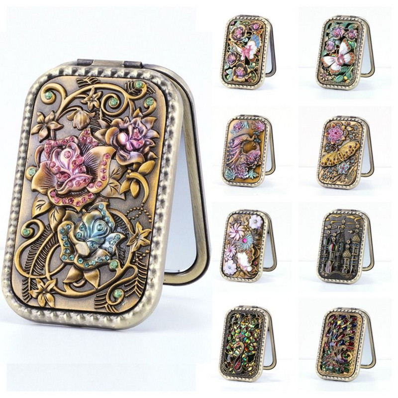 Eiropas retro metāla retro pārnēsājams mazs spoguļkabatas salokāms divpusējs kosmētikas spogulis Taisnstūra spogulis pārģērbšanās spogulis