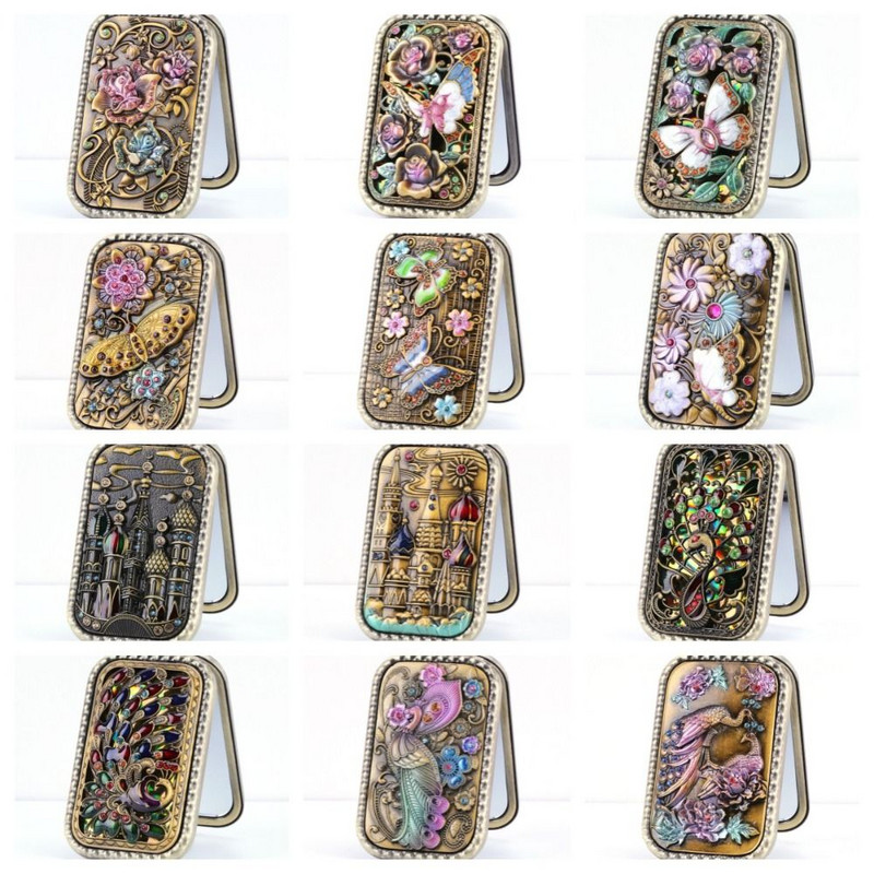 Eiropas retro metāla retro pārnēsājams mazs spoguļkabatas salokāms divpusējs kosmētikas spogulis Taisnstūra spogulis pārģērbšanās spogulis