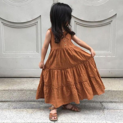 Meiteņu pludmales kleita Vasaras vintage pārklājuma svārku kleita meitenēm Apģērbi Elpojošs Lins Kokvilnas Toddler Meiteņu Boho Kleita 1-7G