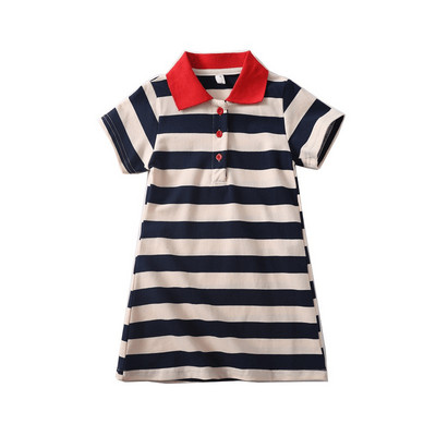Új nyári baba lány ruha divat csíkos Diák POLO ruha gyerek Kontrasztos színek lehajtható galléros hercegnő ruha