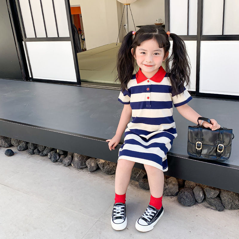 Új nyári baba lány ruha divat csíkos Diák POLO ruha gyerek Kontrasztos színek lehajtható galléros hercegnő ruha
