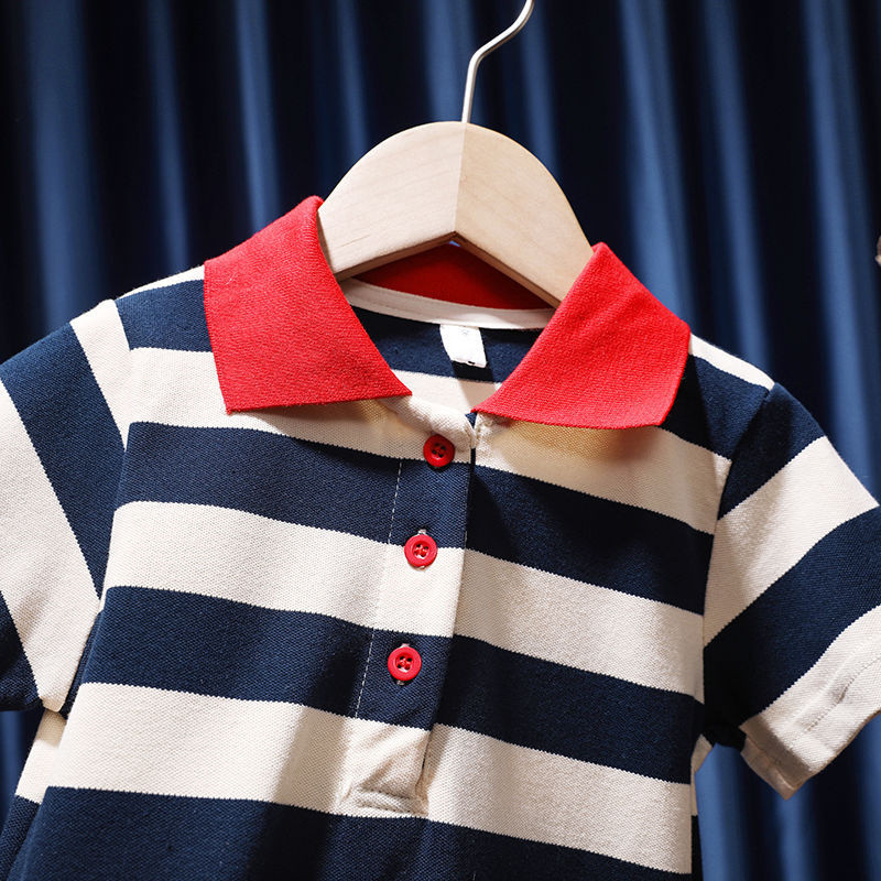 Új nyári baba lány ruha divat csíkos Diák POLO ruha gyerek Kontrasztos színek lehajtható galléros hercegnő ruha