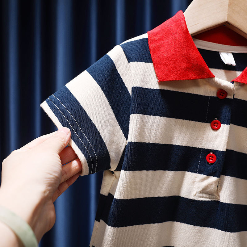 Új nyári baba lány ruha divat csíkos Diák POLO ruha gyerek Kontrasztos színek lehajtható galléros hercegnő ruha