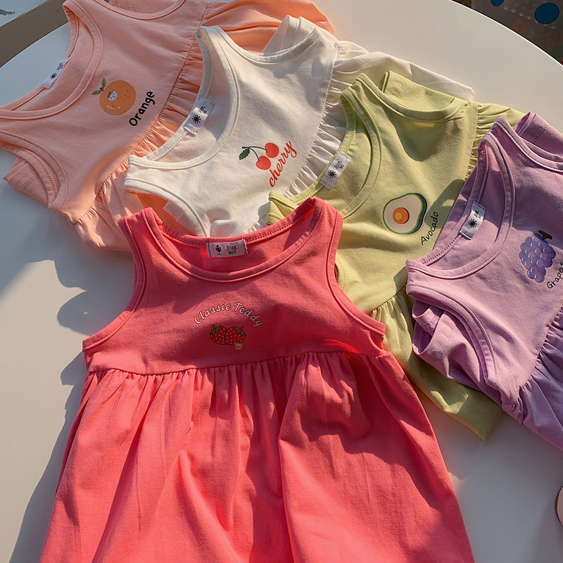 Ikdienas meiteņu kleita ar augļu apdruku Vasaras kleitas Bērnu apģērbi Korejas stila ikdienas kleita Apģērbs Sweet Girl Pidžamas Mājas apģērbs