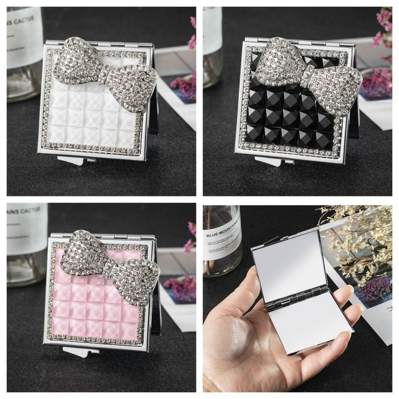 Oglindă pătrată din metal Mini decor cu strasuri Oglindă portabilă cu trandafir Oglindă de buzunar cu fundă drăguță Studenți