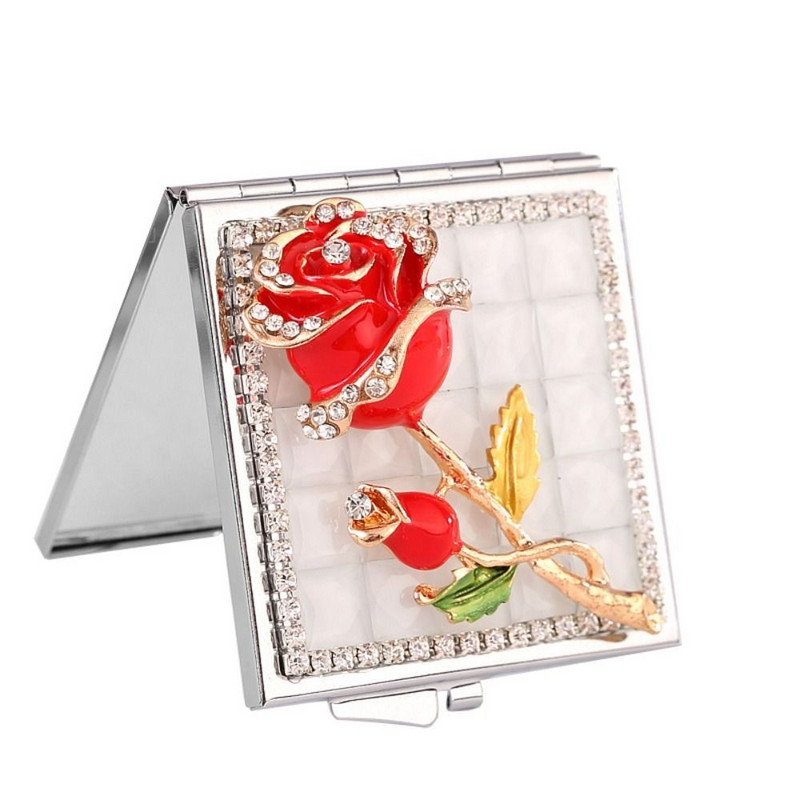 Oglindă pătrată din metal Mini decor cu strasuri Oglindă portabilă cu trandafir Oglindă de buzunar cu fundă drăguță Studenți