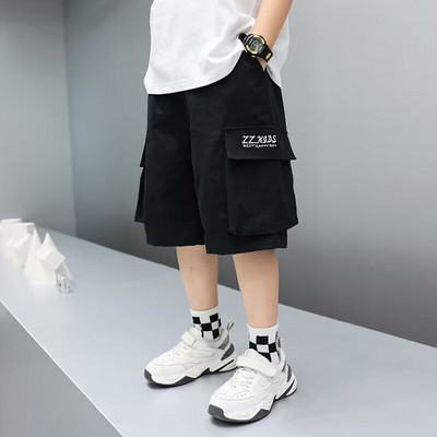 Vasaras zēnu kokvilnas šorti High Street Hip Hop Modes Lielie kabatas šorti Khaki krāsas Bērnu bikses Ikdienas bērnu apģērbi 2024