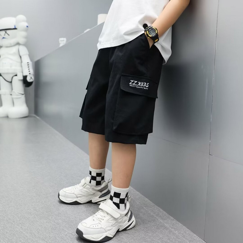 Vasaras zēnu kokvilnas šorti High Street Hip Hop Modes Lielie kabatas šorti Khaki krāsas Bērnu bikses Ikdienas bērnu apģērbi 2024