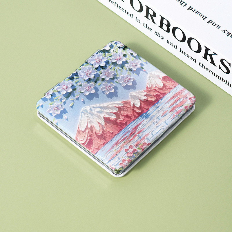 Hordozható sminktükör, kézzel festett olajfestmény Kétoldalas összecsukható mosdótükör kis zsebes kozmetikai tükör lányoknak ajándékok