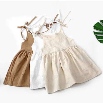 Малка рокля за малки момичета Детски памучни тесни тиранти без ръкави Плажна пола с джоб Едноцветни плъзгащи се рокли Облекло