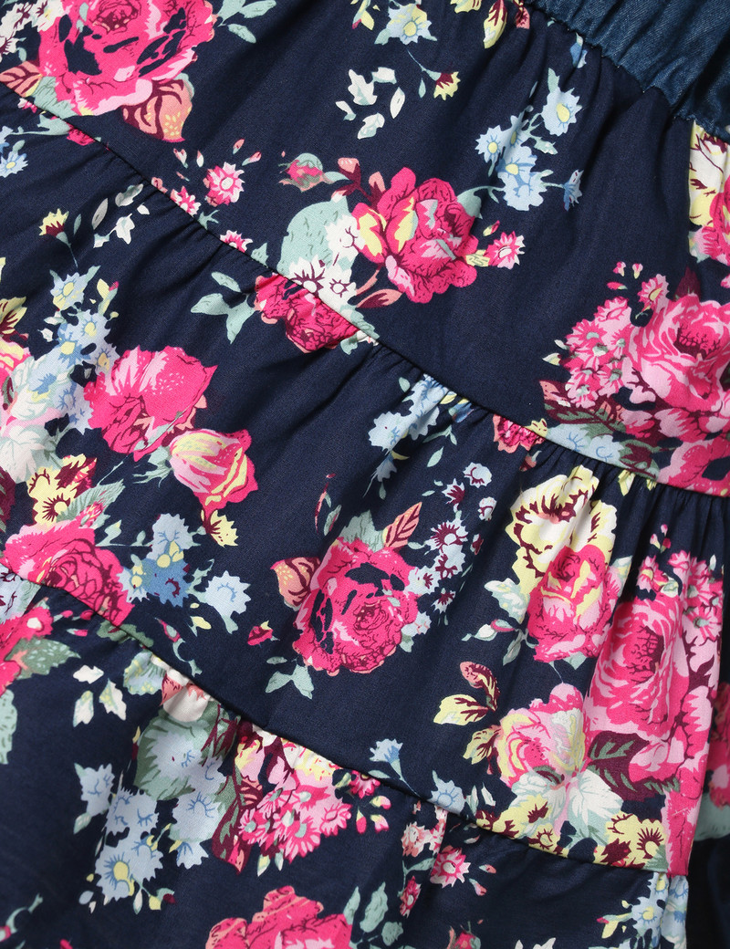 Vasaras džinsa kleita ar jostu virs ceļgaliem ar ziediem apakšā meitenēm ikdienišķa kleita 6 8 10 12 gadu bērnu ikdienas apģērba modes dienas tērps