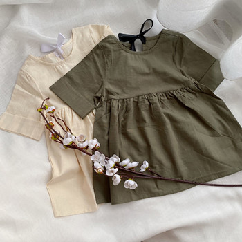Νέο κοριτσίστικο βαμβακερό λινό μεσομάνικο φόρεμα Παιδικό πλισέ φόρεμα καλοκαιρινό κορίτσι casual κορδέλα πριγκίπισσα φορέματα WT124
