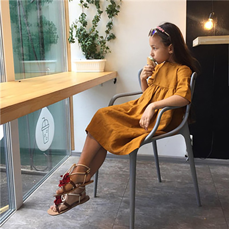 Rochie nouă pentru fete, bumbac, in, cu mânecă mijlocie, rochie plisată pentru copii, vară, ocazională, panglică, prințesă, WT124