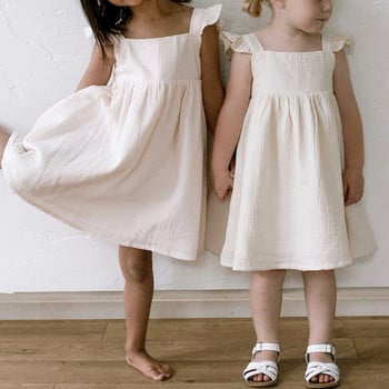 100% βαμβακερό μουσελίνα για κορίτσια λευκό φόρεμα με φοδραρισμένο καλοκαιρινό Νέο ρετρό μωρό μωρό αμάνικο βολάν λουράκια Flowy Princess Dresses TZ385
