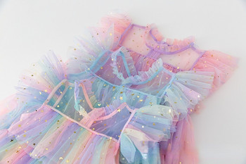 2023 Лято Нова парти рокля за момиче Rainbow Sequin Рожден ден Принцеса Костюм за деца Baby Holiday Beach Bathing Мрежеста торта Дрехи