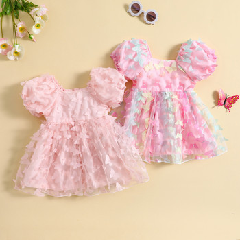 Детска рокля на принцеса за момиченце Сладка лятна 3D пеперуда с къси буф ръкави с квадратно деколте и тюл, А-силует, рокля за рожден ден
