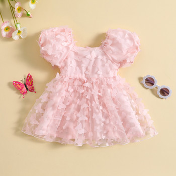 Παιδικό μωρό φόρεμα πριγκίπισσας Γλυκό καλοκαιρινό τρισδιάστατο κοντό μανίκι πεταλούδας με τετράγωνο λαιμό Τούλι φόρεμα σε γραμμή Α για πάρτι γενεθλίων