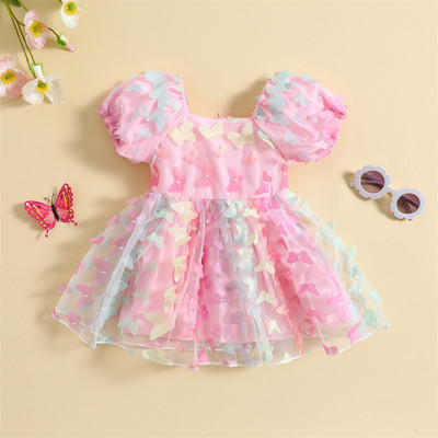 Copii fetiță rochie prințesă dulce vară 3D fluture cu mâneci bufante scurte cu gât pătrat tul tutu rochie în linie A pentru petrecerea de aniversare