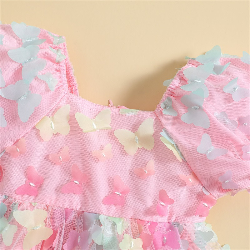 Bērnu kleita meitenei princesei, salda vasaras 3D tauriņa kleita ar īsām piedurknēm ar kvadrātveida kakla izgriezumu Tille Tutu A veida kleita dzimšanas dienas ballītei