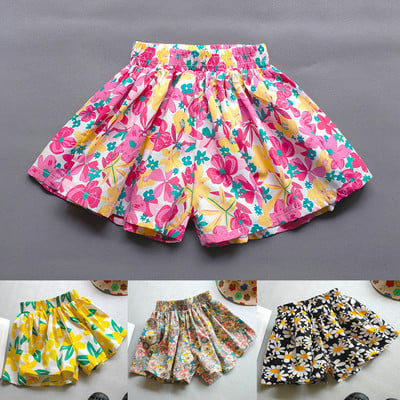 Suvised Korea tüdrukud, lilledega mustriga lühikesed püksid, püksseelikud, lapsed, lühikesed püksid, lahtised püksid, tüdrukud, plisseeritud püksid, lasteriided