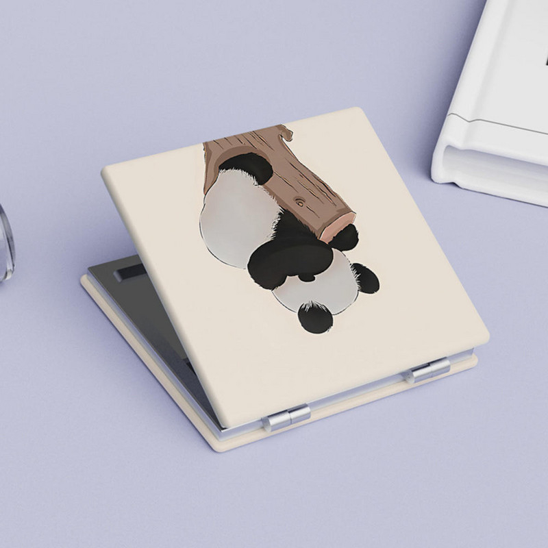 Ogledalo za šminkanje s uzorkom slatke pande, dvostrano mini sklopivo PU ogledalo, kozmetički alat, prijenosno četvrtasto ogledalo visoke razlučivosti