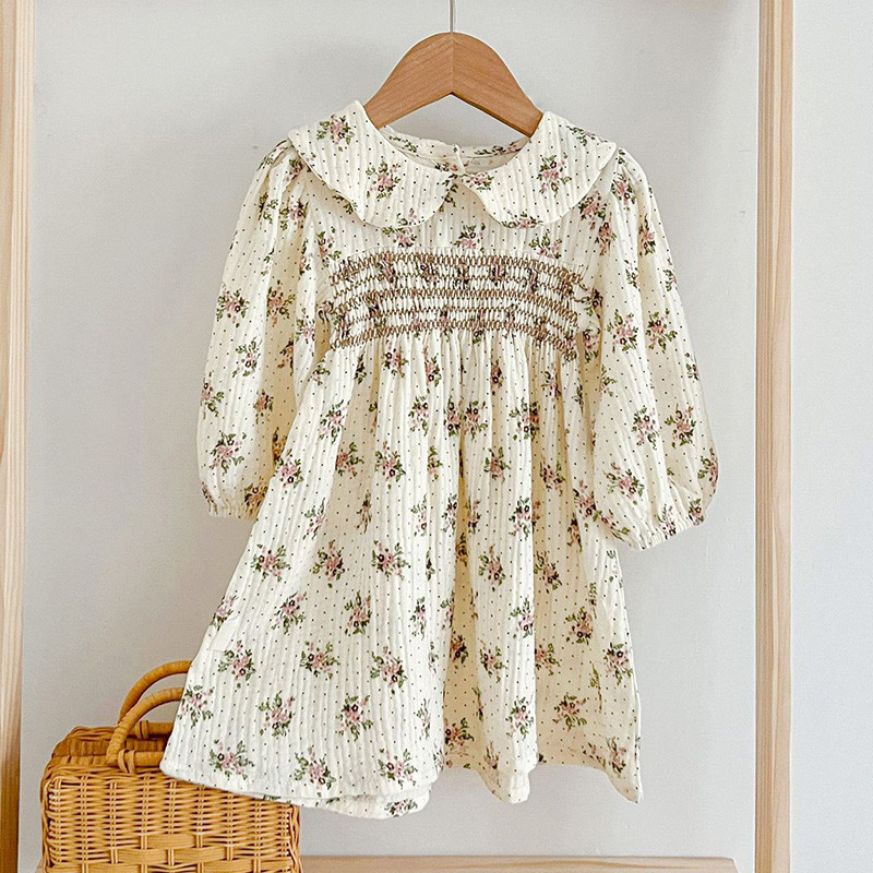 Pavasara rudens bērni Meiteņu zīdaiņu kleita ar garām piedurknēm, ar ziedu apdruku, princeses kleita ikdienišķa meiteņu kleita bērnu apģērba kleita