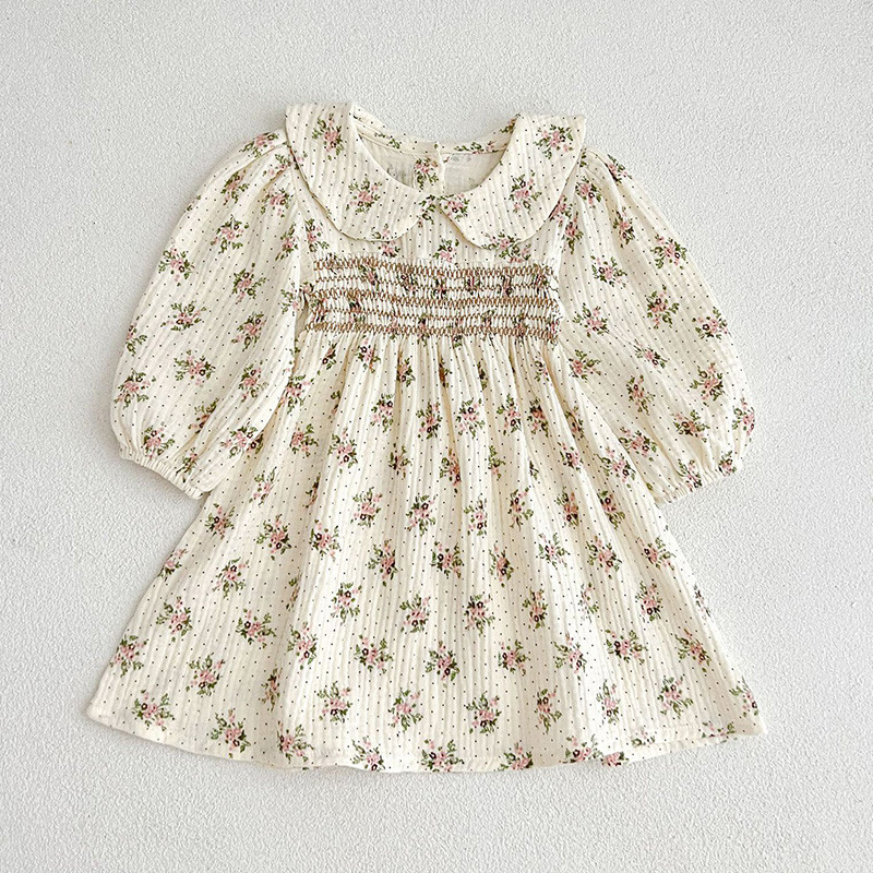 Pavasara rudens bērni Meiteņu zīdaiņu kleita ar garām piedurknēm, ar ziedu apdruku, princeses kleita ikdienišķa meiteņu kleita bērnu apģērba kleita