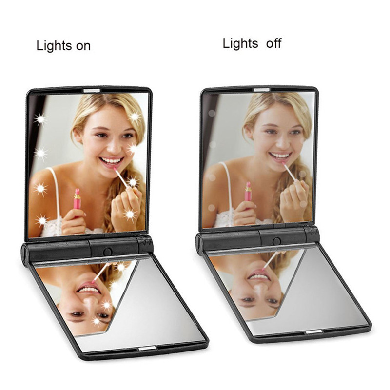 Mini hordozható összecsukható utazási tükör LED-es fényű sminktükör kompakt tükör nagyítású, kétoldalas szépségápoló sminktükör négyzet alakú